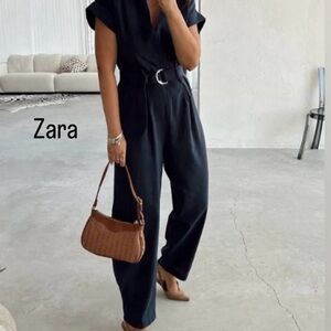 Zara Navy Blue Linen Blend Jumpsuit Size XL –✨